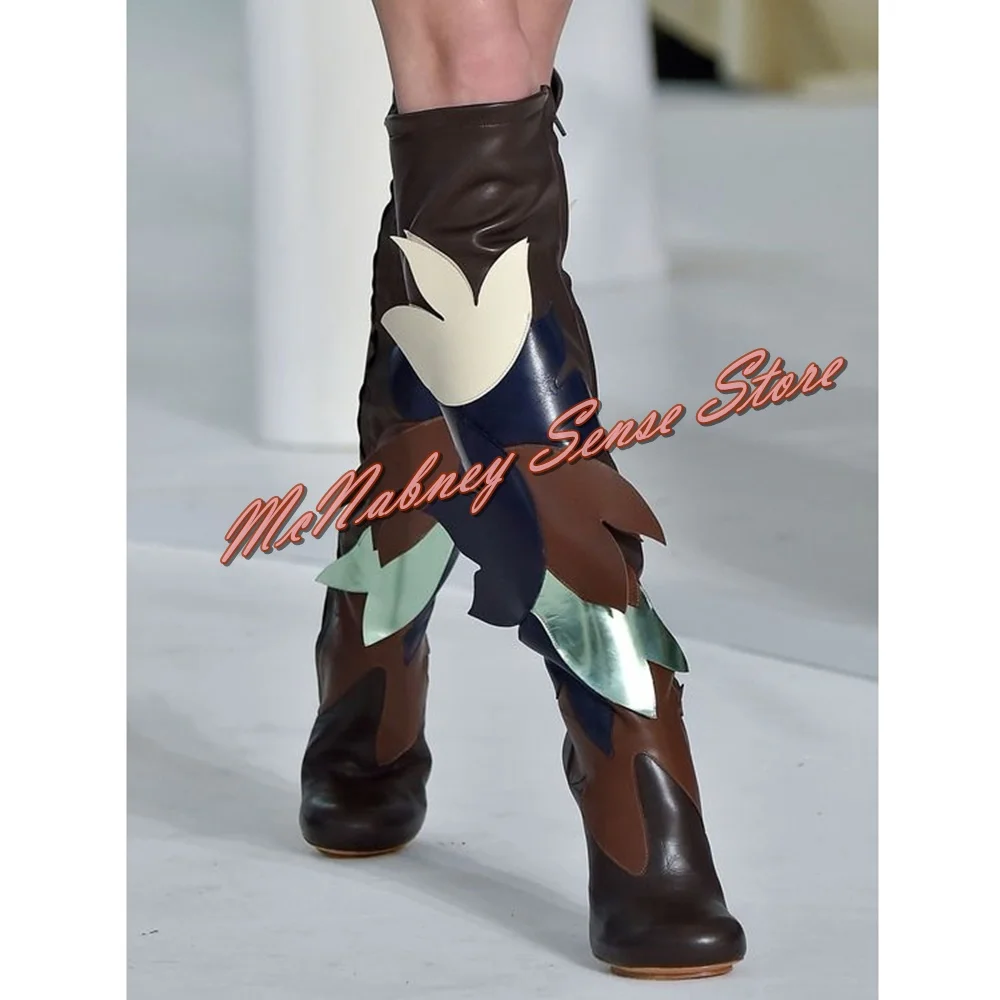 

Patchwork Design Knee High Boots Round Toe Thick High Heels Women Shoes Back Zipper Mixed Colors Autumn Winter Party Dress Shoes