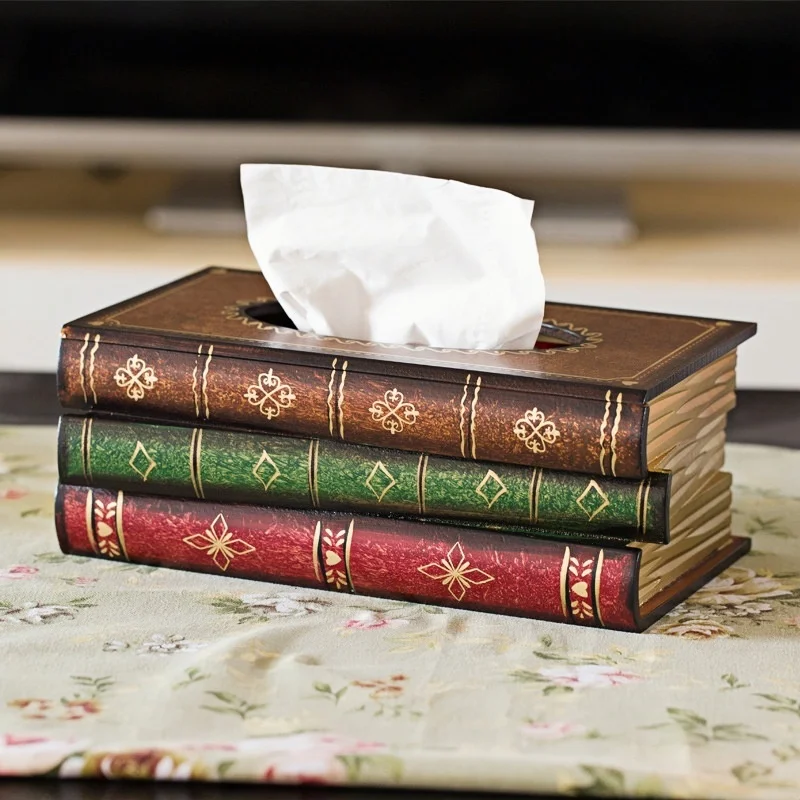 Exquisite Classical Vintage Wooden Book Tissue Box, Rectangular Napkin Holder Dispenser, Restaurant Tissue Storage Box Ornament 2