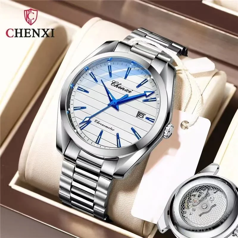 

CHENXI Imitation Mechanical Watch For Men Luminous Calendar Transparent Bottom Cover Stainless Steel Men Watch Reloj Hombre