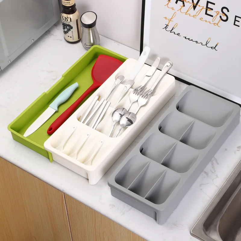 Cutlery Storage Box Kitchen Drawer Retractable Plastic Tray Utensils Organizer Knife Fork Spoon Divider Container Storage Boxs 4