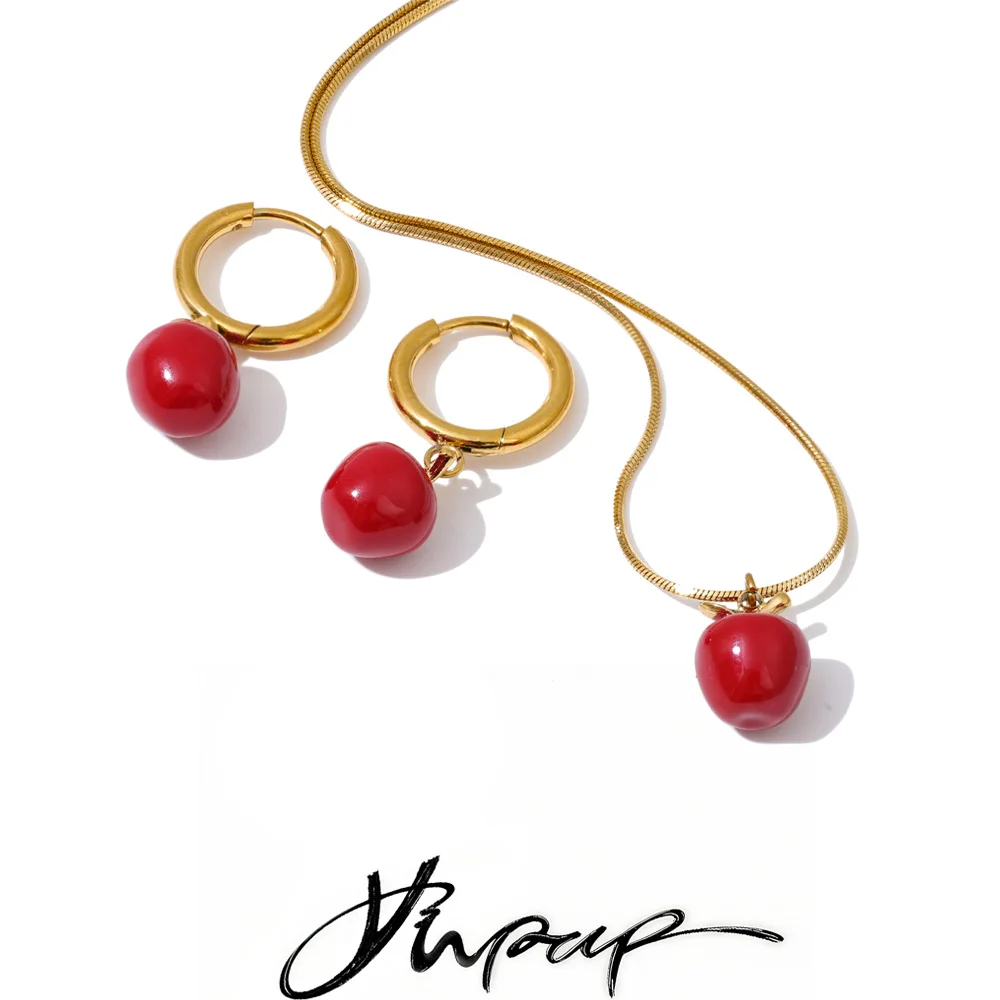 Yhpup Red Enamel Apple Pendant Necklace Earrings
