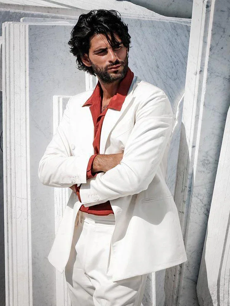 2024 Summer White Elegant Men Suit Casual Double Breasted Slim Fit Blazers Hombre High Quality Custom 2 Piece Set Costume Homme