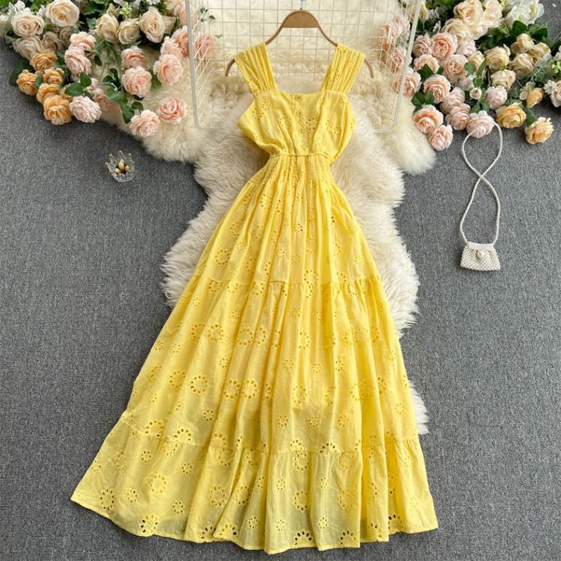 Bohemian Holidays Beach Long Dress Summer Women Dress 2022 Elegant Sleeveless Square collar Hollow out yellow Ruffle Dresses|Dresses| - AliExpress