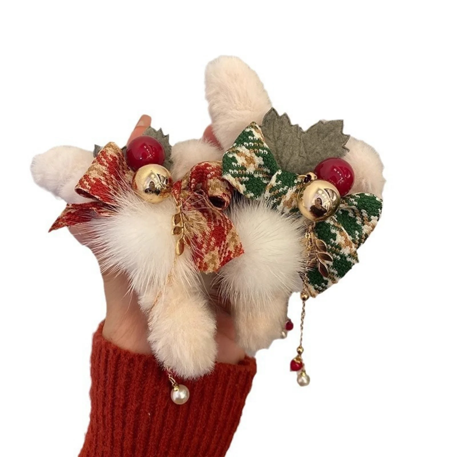 1PC Christmas Plush Hair Clips Set: Festive Bow&Bell Details, Fluffy Pom - Pom Design, Cute Hair Accessories For Holiday Parties