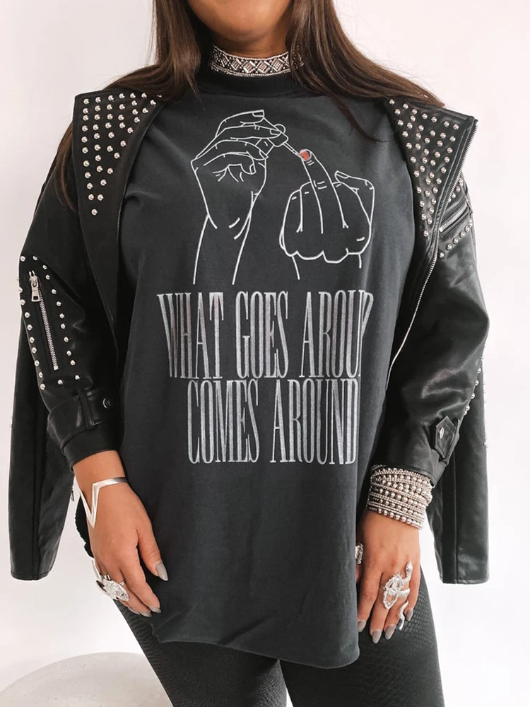 Seeyoushy What Goes Around Comes Around Printed Funny Women T Shirt Summer Loose Woman Y2K T Shirts Side Slit Vintage Tees Tops 4