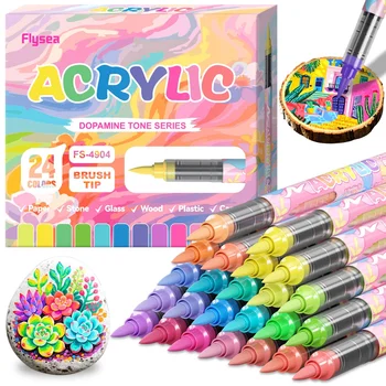 Pennarelli Acrilici 24 Colori, Colori Vibranti, Punta Morbida a Pennello a Base d'Acqua, Pennarelli a Punta Fine per Legno, Tela, Pittura su Roccia, Vetro
