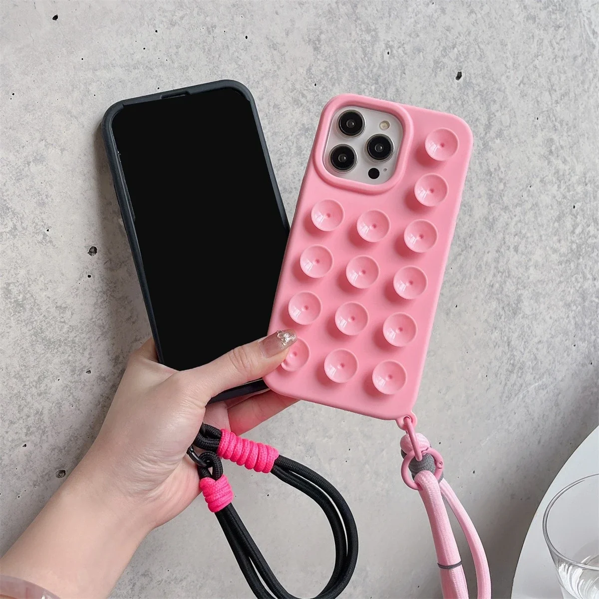 Charming Suction Cup Wrist Strap Case with Lanyard - Soft Liquid Silicone Solid Color Cover