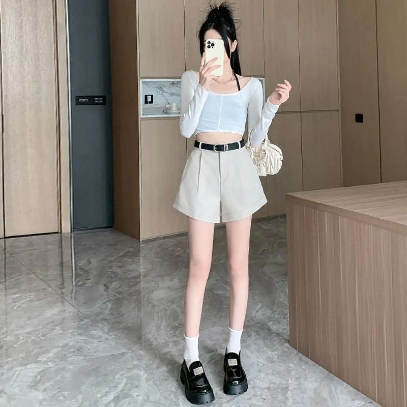 2024 Spring New Shorts Women Koean Style Office Lady High-waisted A-line Loose Wide-leg Solid Color Versatile Short Pants Female