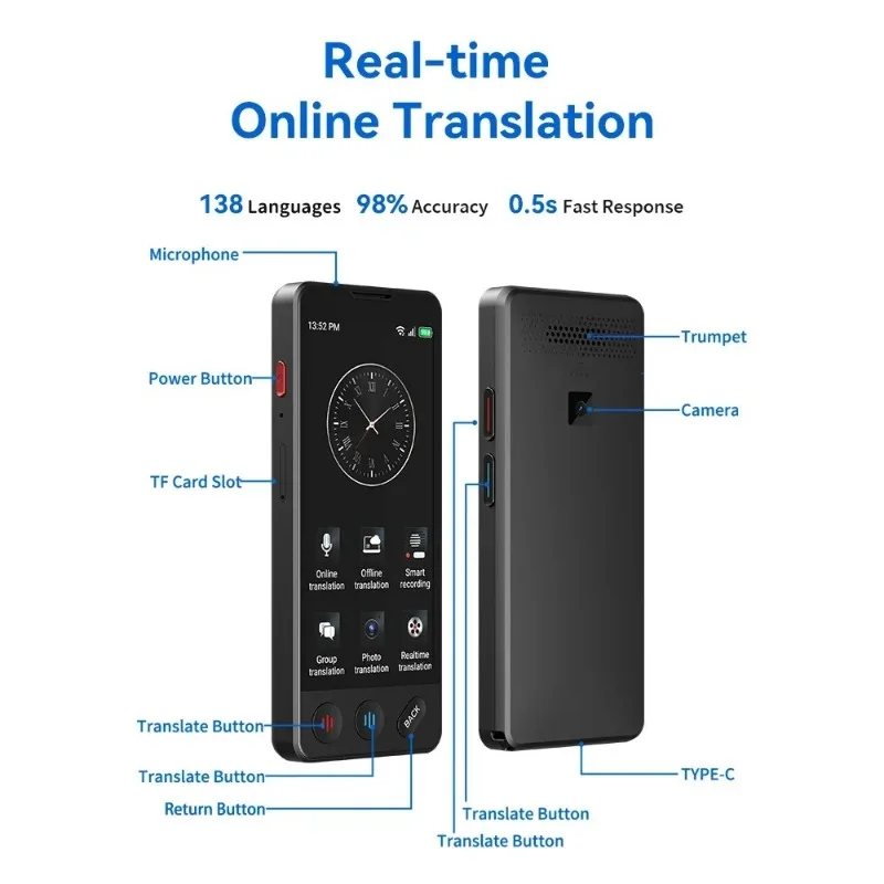 F13 Translator Intelligent AI ChatGPT Voice Assistant Accurate Translation Supports 140 Languages Offline Photo Recording