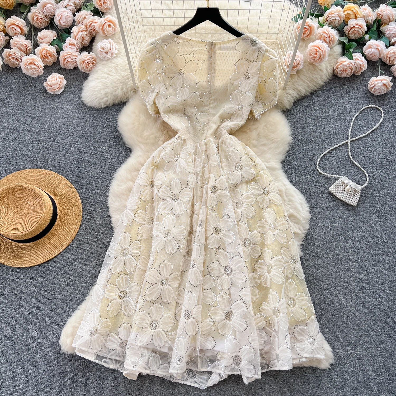 

Summer Elegant Lace Floral Dress for Women Square Collar Sequined Midi Female Mesh Party Luxury Dresses Chic Sheer New In Traf
