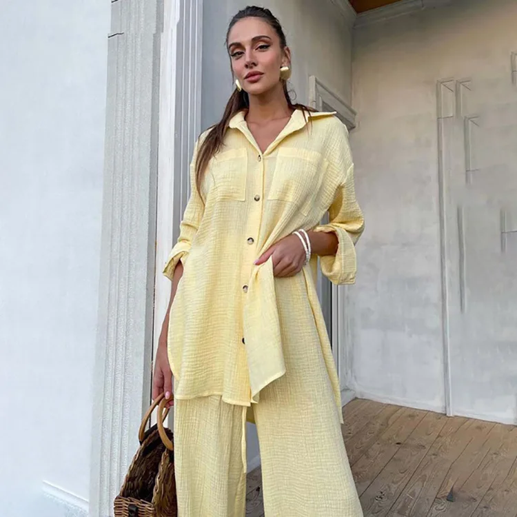 

Повседневный свободный комплект из двух предметов, пижама для женщин, модная блузка с длинным рукавом, подходящий костюм с широкими брюками, комплекты со шнуровкой