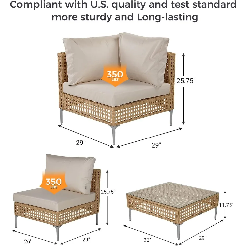 4-Piece Wicker Patio Furniture Set, Boho Outdoor Sectional Sofa with Water Resistant Thick Cushions (Coffee Table No 2