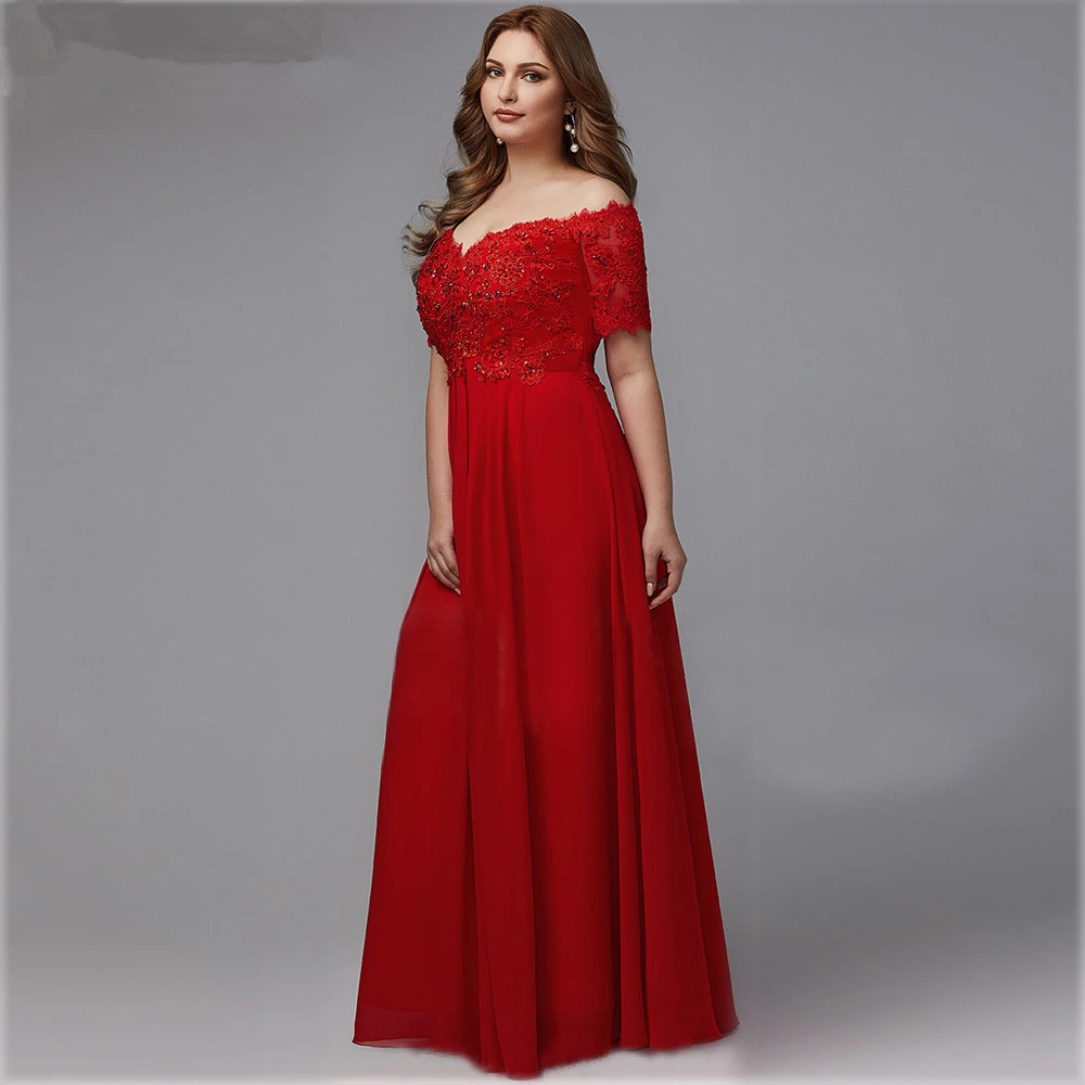 

Red Plus Size Mother Of The Bride Dresses Chiffon Lace Wedding Godmother Dresses Full Length Woman Wedding Ceremony Dress