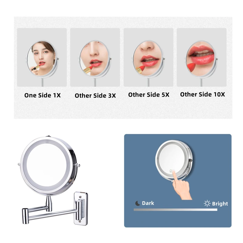 Wall Mounted Folding Arm Extend Bathroom Mirror LED Light 10X Magnification Double Side Touch Dimming Makeup Mirrors