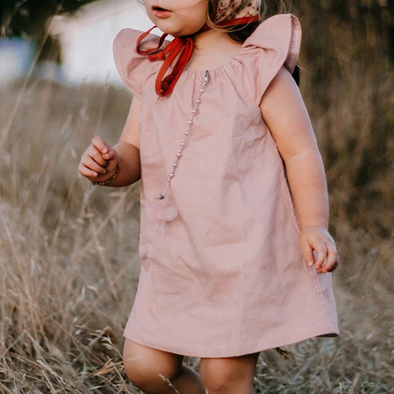 Girl Dresses Summer Linen Bamboo Fiber Blend Solid Color Cute Flying Sleeve Princess Dresses Children Clothing