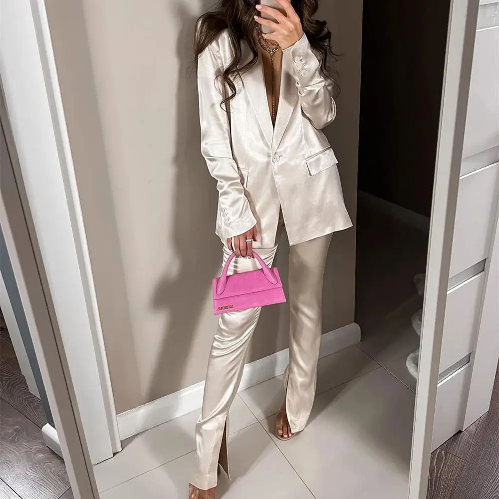 Ivory Women 2022 New Fashion Trousers Suits Pleated Design Satin Texture Single Button Blazer Coat Long Sleeve Female 2 Pieces