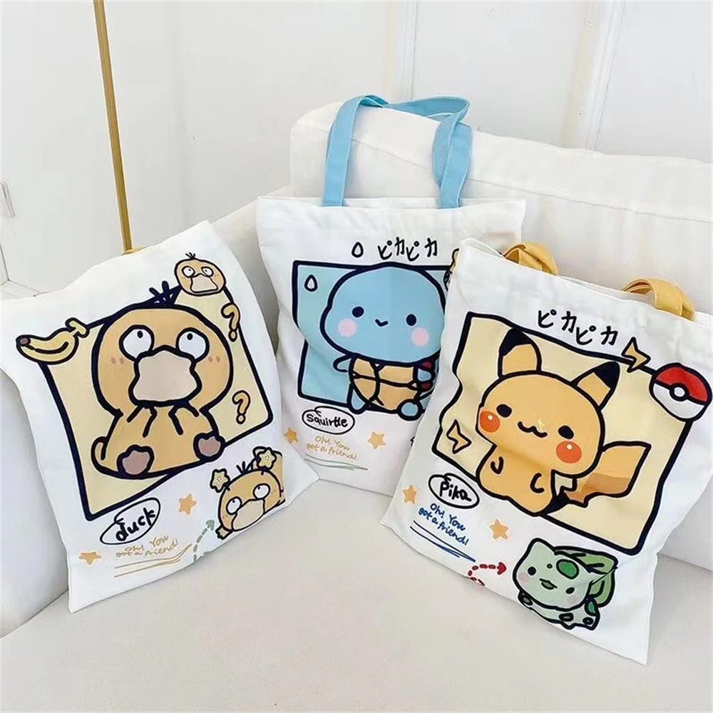 Shoulder Bags Anime Pokemon Pikachu Canvas Psyduck Squirtle Ladies Casual Handbag Reusable Large Capacity Women Shopping Bag TOY