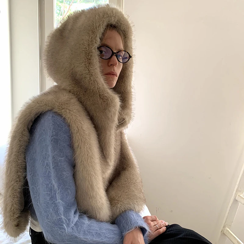 Exclusive Y3k Girls Hooded Sleeveless Faux Fur Coat Women Waistcoat Autumn Winter Gradient Fox Fur Vest Top Gilet Femme