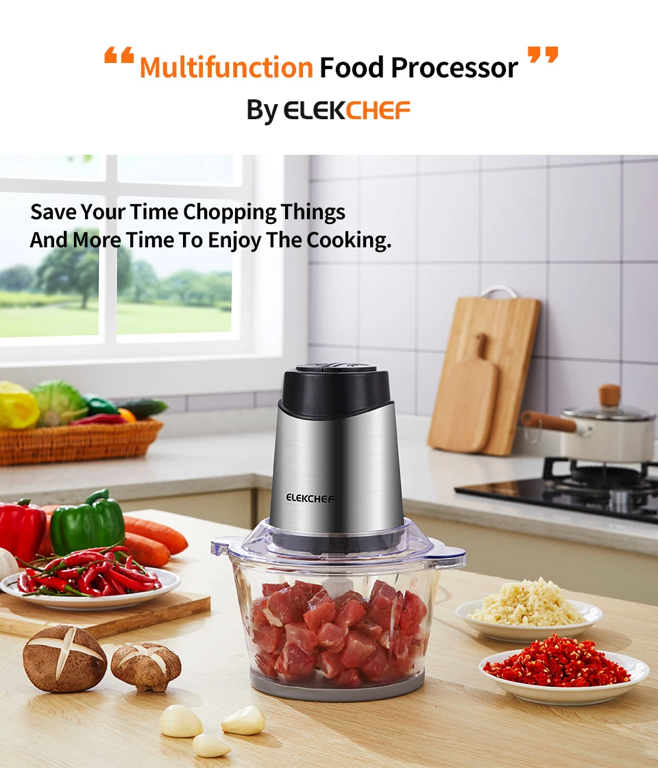 Electric Food Gringder Meat Processor, 500W 8 Cups Food Chopper with 2L  BPA-Free Glass Bowl & 4 Sharp Blades 