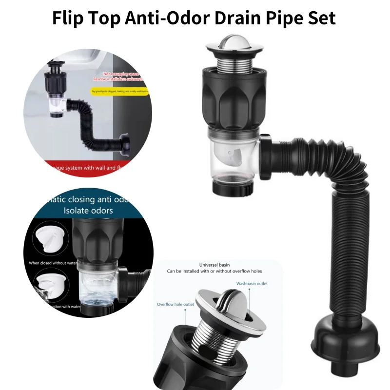 Flip Top Anti-Odor Drain Pipe Set Kitchen Sink Drain Retractable Deodorizing Filter Flexible Downspout Bathroom Anti Clogging