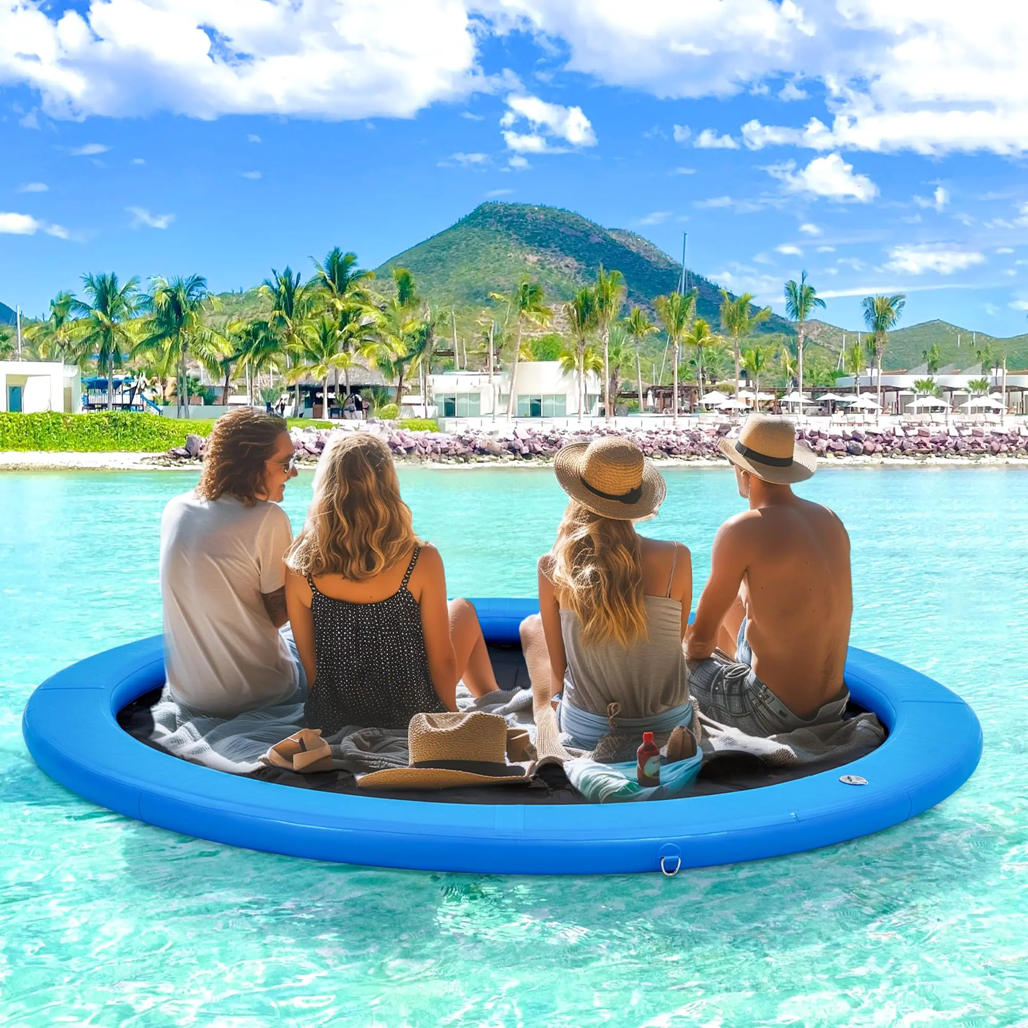 

8'x8' Floating Dock, Inflatable Dock Float Ring with 4-inch High-Grade Woven Fabric, Manual Pump Fits4-6 For Lakes Pools, Ocean