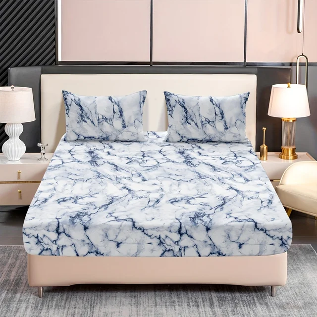 Ensemble de draps ajustés 3 pièces imprimé marbre – Tissu microfibre ultra doux et respirant, hypoallergénique, résistant aux rides, facile d'entretien – 5