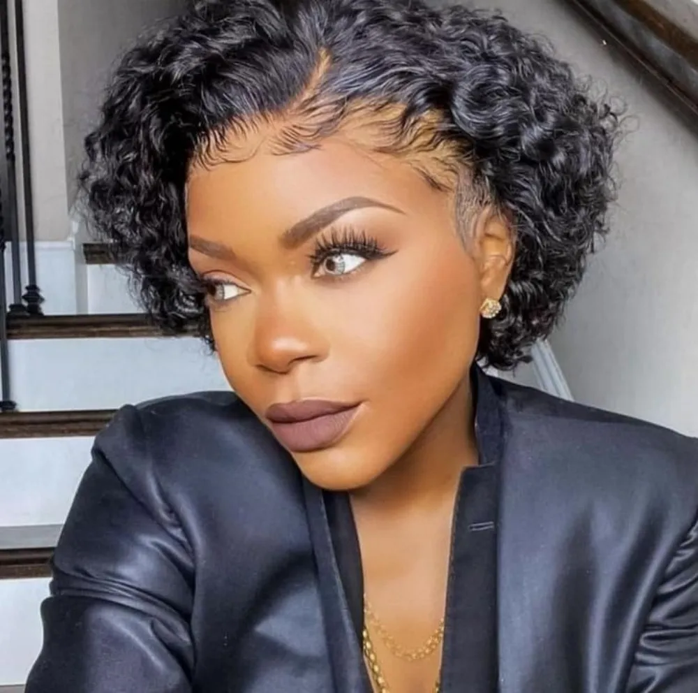 Short Curly Pixie Cut Lace Front Wigs 6 inch, 13X1 Human Hair Lace Front Wigs