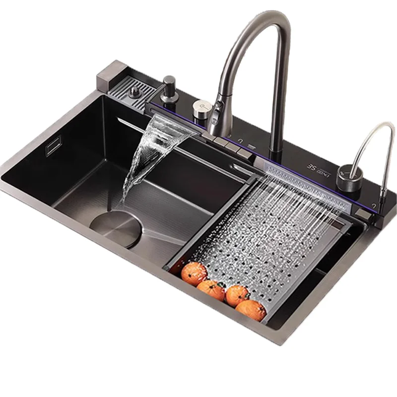 304 Sink Key Digital Display Waterfall Rain Sink Stainless Steel Large Single Trough Hand Basin Washing Dishes Under The Basin