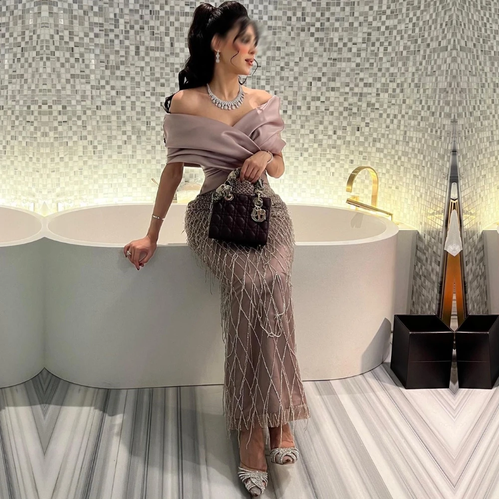 

Evening Sexy Casual Satin Draped Pleat Ruched Celebrity Sheath Off-the-shoulder Bespoke Occasion Gown Midi Dresses