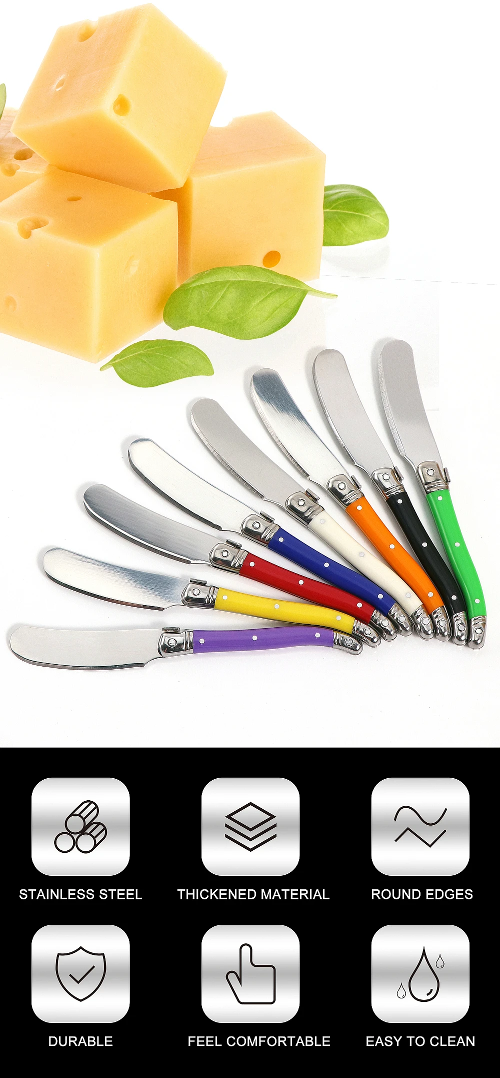 Description Picture 3 of itemJaswehome 8pcs Stainless Steel Cheese Spreader Jam Spatula Laguiole Butter Knife Butter Sandwich Cheese Slicer Cheese Tools