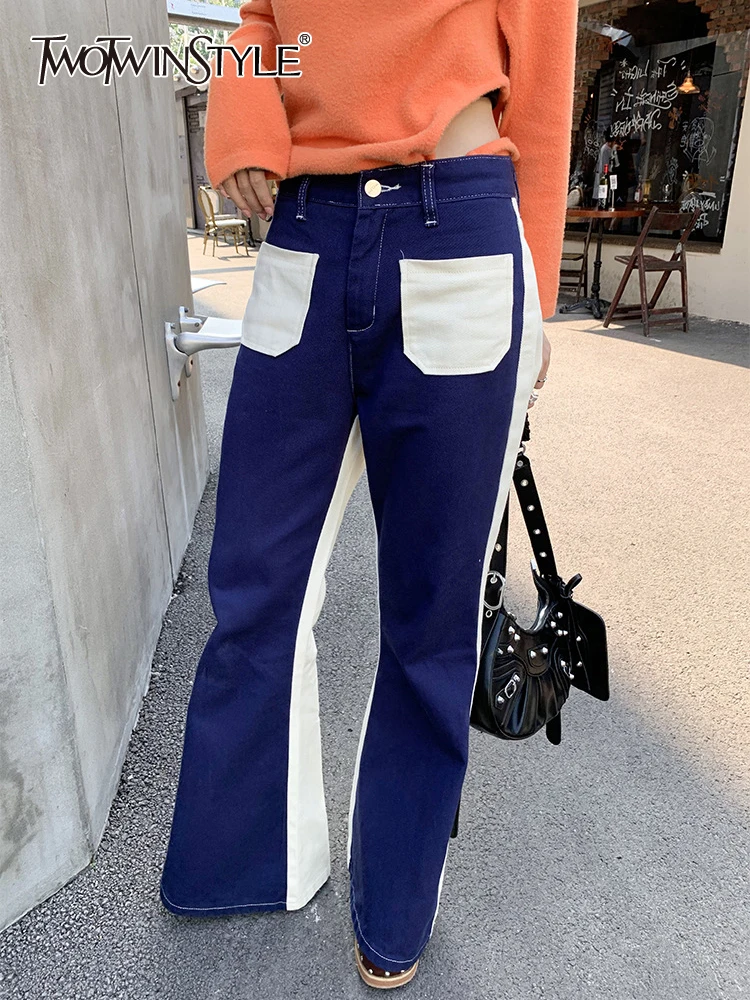 

TWOTWINSTYLE Hit Color Jeans For Women High Waist Patchwork Pocket Casual Loose Summer Flare Pants Female Fashion Clothing 2023