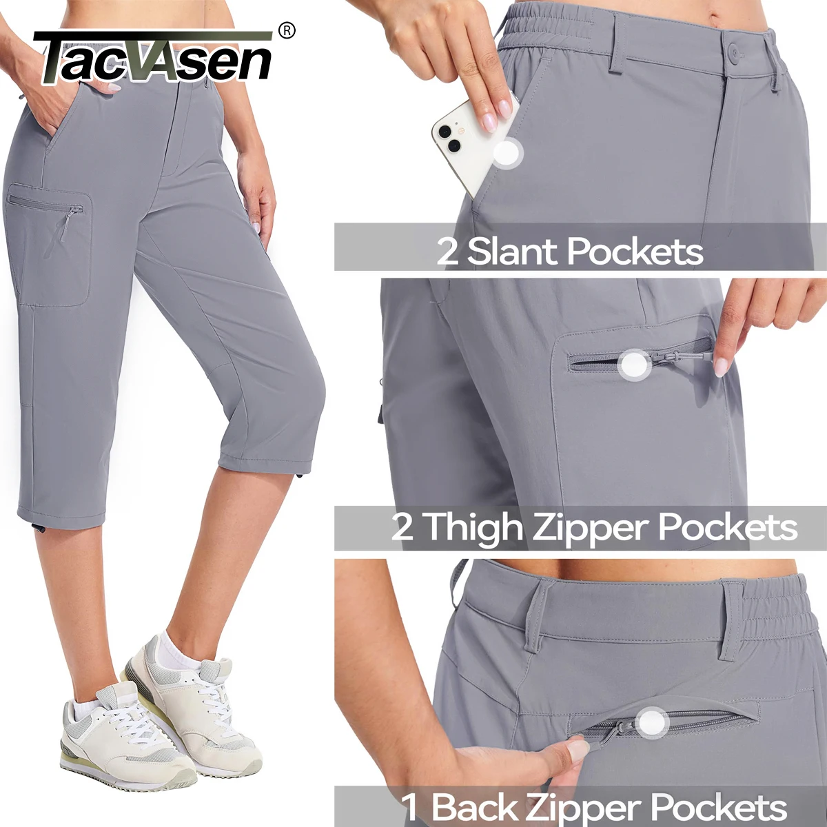 TACVASEN 여성용 야외 카프리 반바지, 방수 하이킹, 빠른 건조, 경량 운동 반바지, 주머니가 있는 카고 조거, 여름