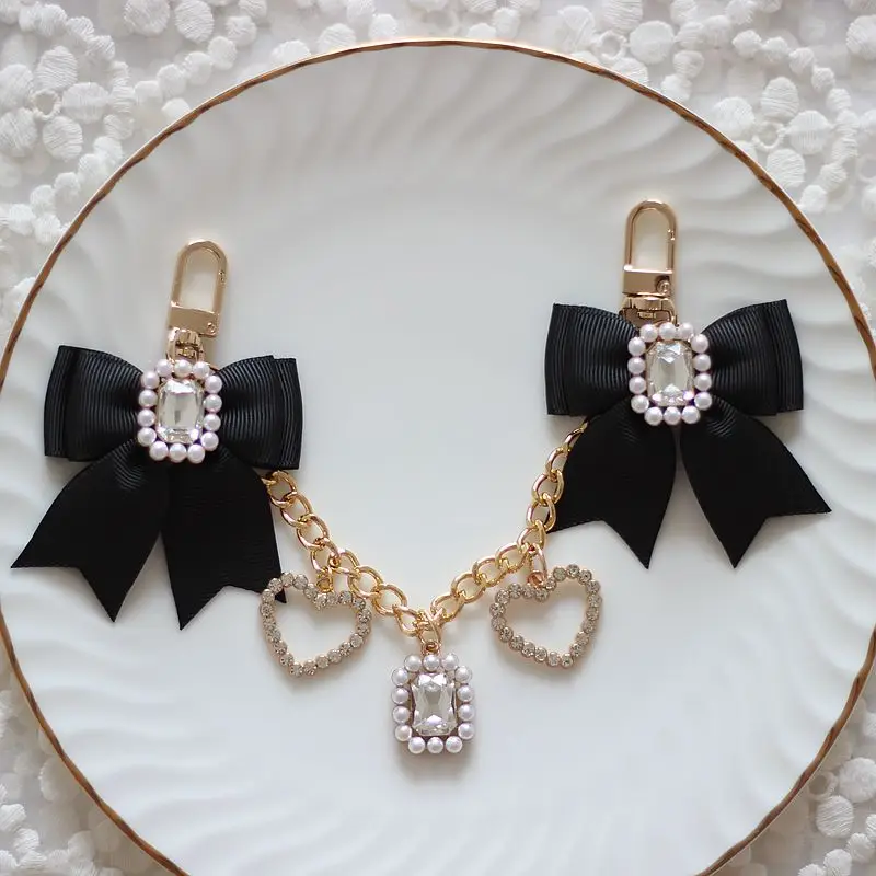 Handmade Japanese Liz Rhinestone Bow Ribbon Pearl Bag Accessories Shiny Gem Cute Girl Super Fairy Handbag Pendant Bag Charms