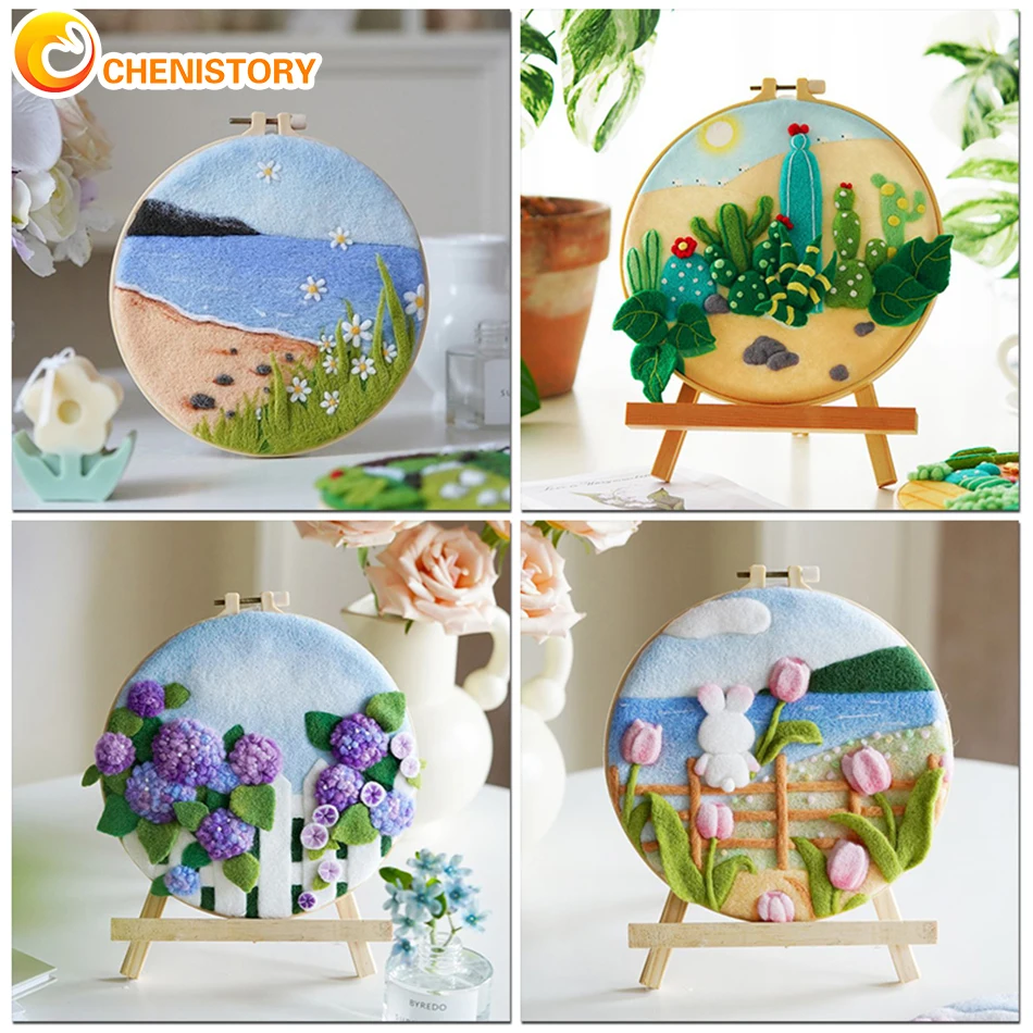 

CHENISTORY Wool Needle Felt Set Needle Felting Painting Kit With Frame Flower Diy Crafts Felt Package For Home Decoration New