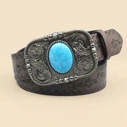 Vintage Brown Western Women's Belt with Carved Turquoise Buckle - Versatile - 110cm (Chocolate)