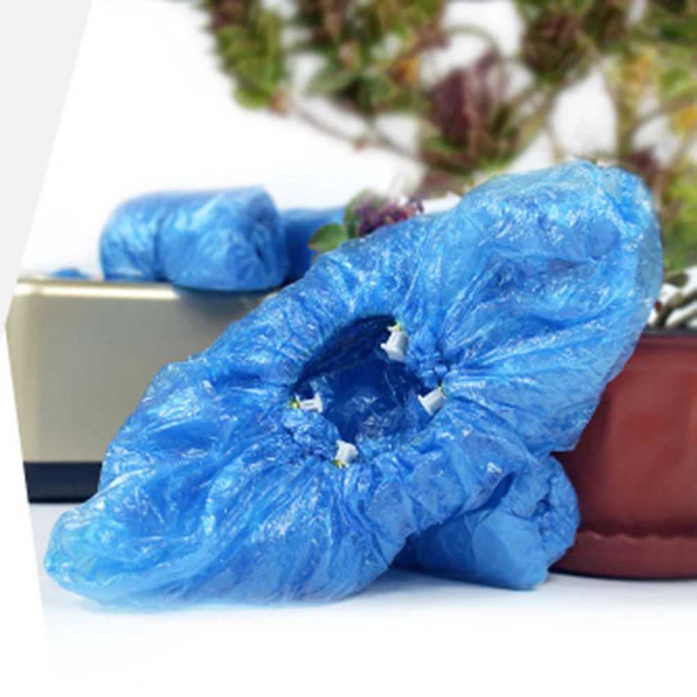 Portable PE Blue Shoe Covers with T Buckles for Rainy Floors