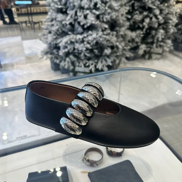 Metal Decor Flats Ballet Shoes for Women Round Toe Loafers Leather Single Shoes Daily Outdoor Roman Rhinestone Casual Shoes