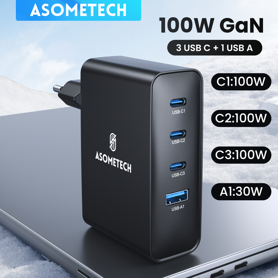 ASOMETECH 100W GaN USB Type C Fast Charger For Macbook,PPS PD Quick Charge 4.0/3.0 Fast Charging for iPhone 15/14/13 Samsung S25