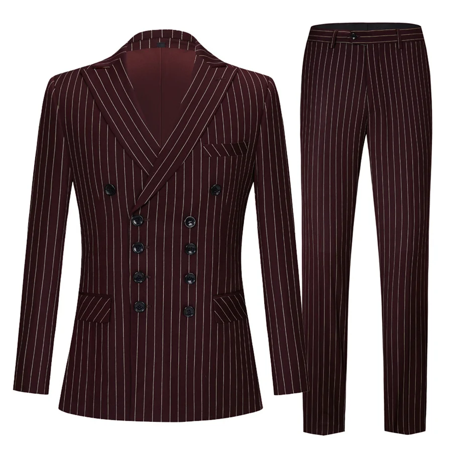 

US Size Double Breasted Stripes Suit Men Black Burgundy Navy Blue Wedding Suits For Men Designer Two-Pieces Jacket Pants TZ408