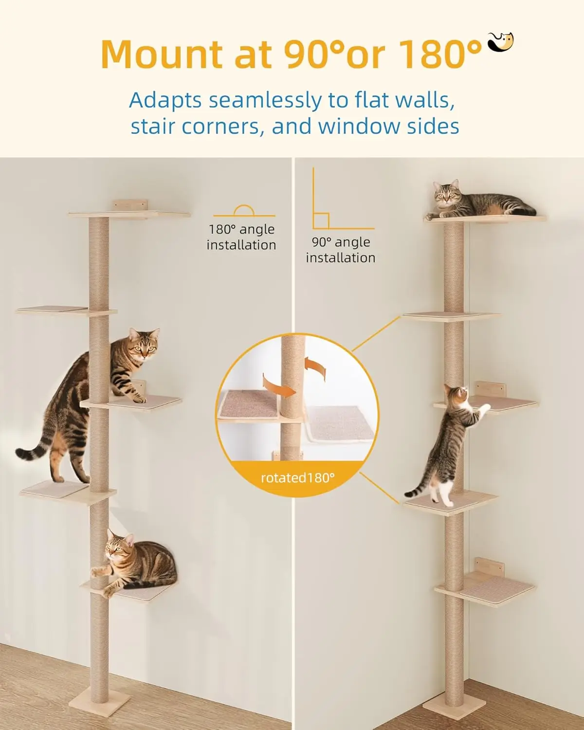 80″ Tall Floor-to-Ceiling Cat Tree – Wall-Mounted Tower with 15.8″ Top Perch for Large Cats