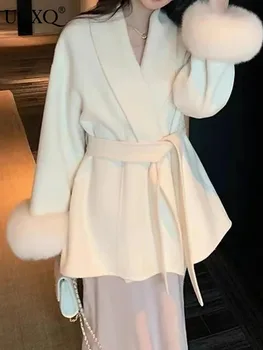 UCXQ Temperamento Cappotto di Lana Stile Europeo All Match Cintura con Risvolto Staccabile Pelliccia di Volpe Giacca da Donna Elegante 2025 Autunno Inverno 1