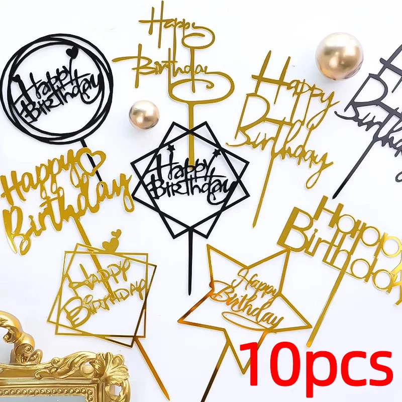 Acrylic Happy Birthday Cake Topper Black Gold Silver Designs Cake Decorations 10Pcs For Kids Men Women & Baby Showers