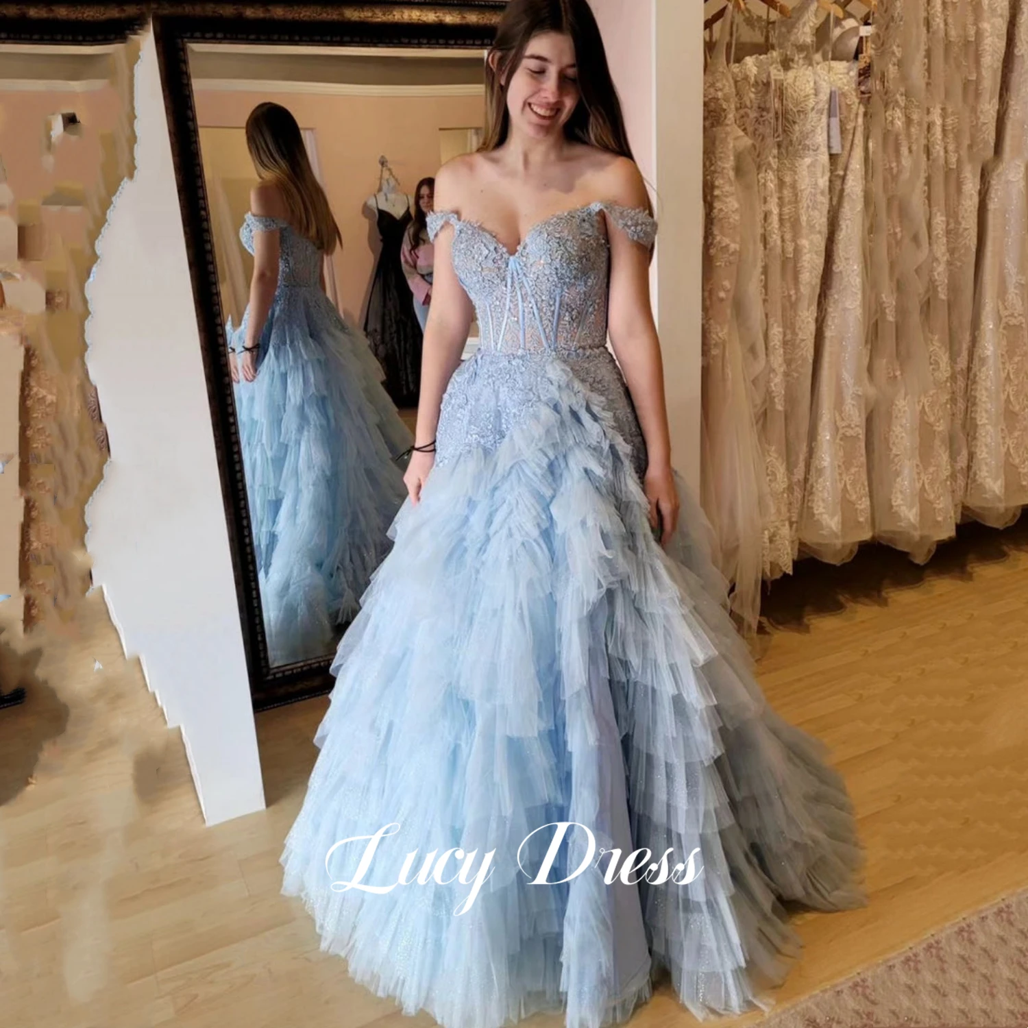 성인식드레스 불멸의 휴가 비치 스커트 여성 하이난 산야 관광 섹시한 백리스 슬링 프릴 드레스 태국 9 여성용 루시 졸업 가운, 원피스 레이스 메쉬, 푹신하고 우아한 이브닝 드레스, 생일 파티, 하늘색, 2024