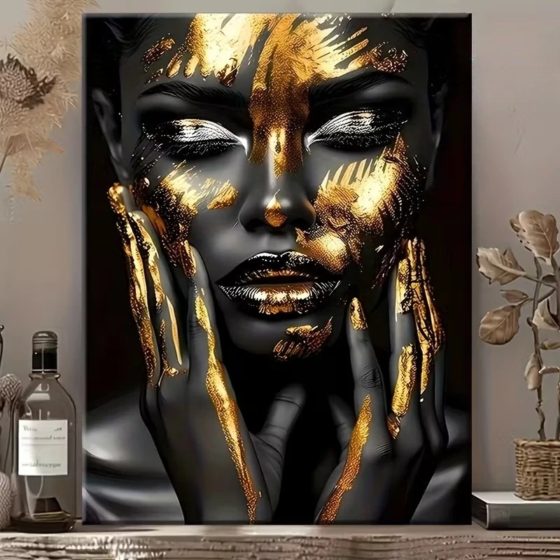 Black and Gold Abstract African Woman Poster and Prints Portrait Art Canvas Painting Wall Art Picture for LivingRoom Home Dec