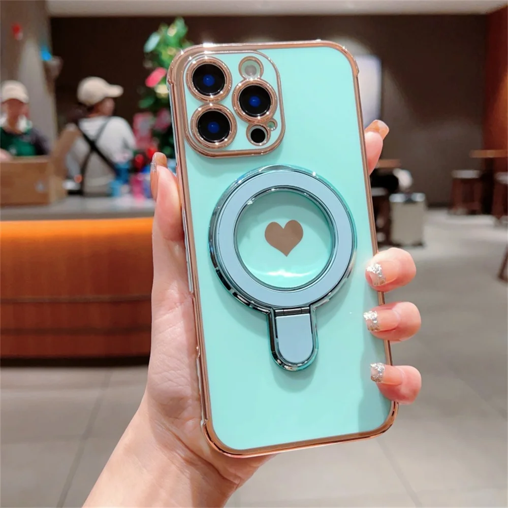 Magnetic Love Heart Stand Holder Phone Case with Plating