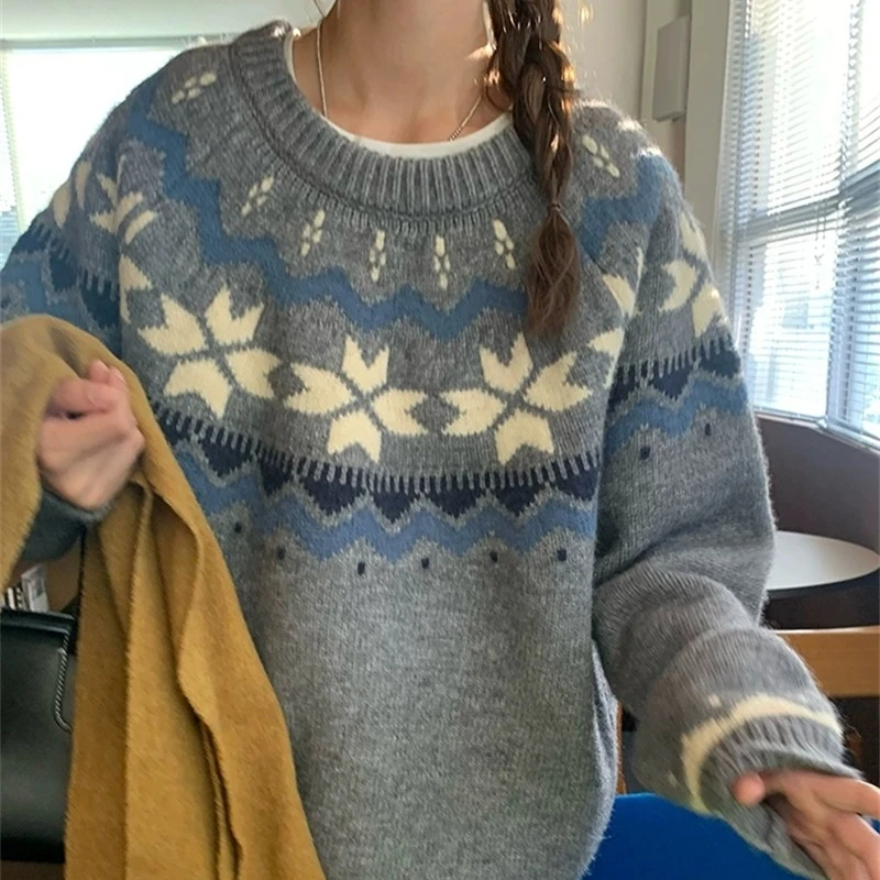Autumn Casual Soft Loose Long Sleeved Knitted Top Winter Korean Printed O-neck Pullover Sweater Classic Retro Women's Sweater