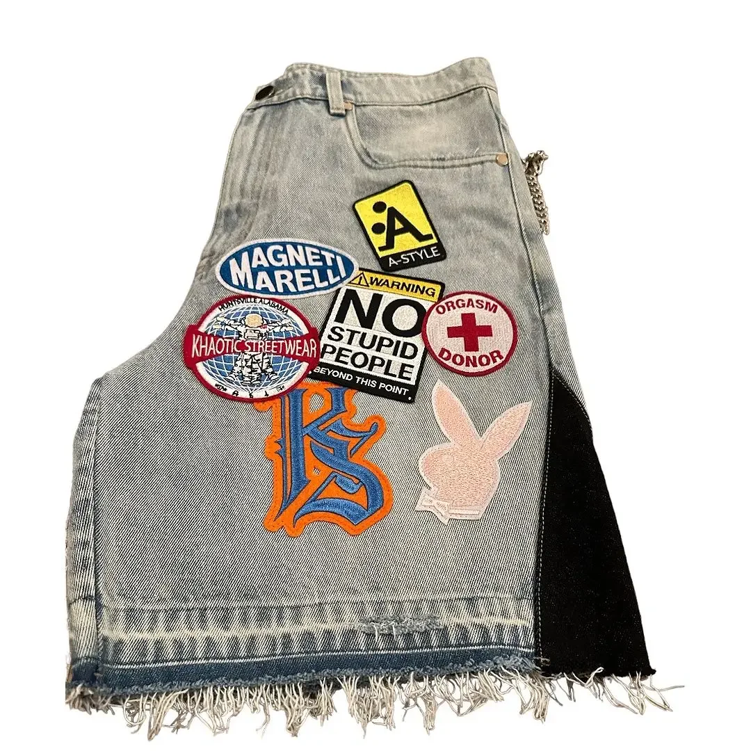 Y2K retro patchwork denim short jeans men hip hop cartoon graphics retro blue denim sports casual shorts street clothing