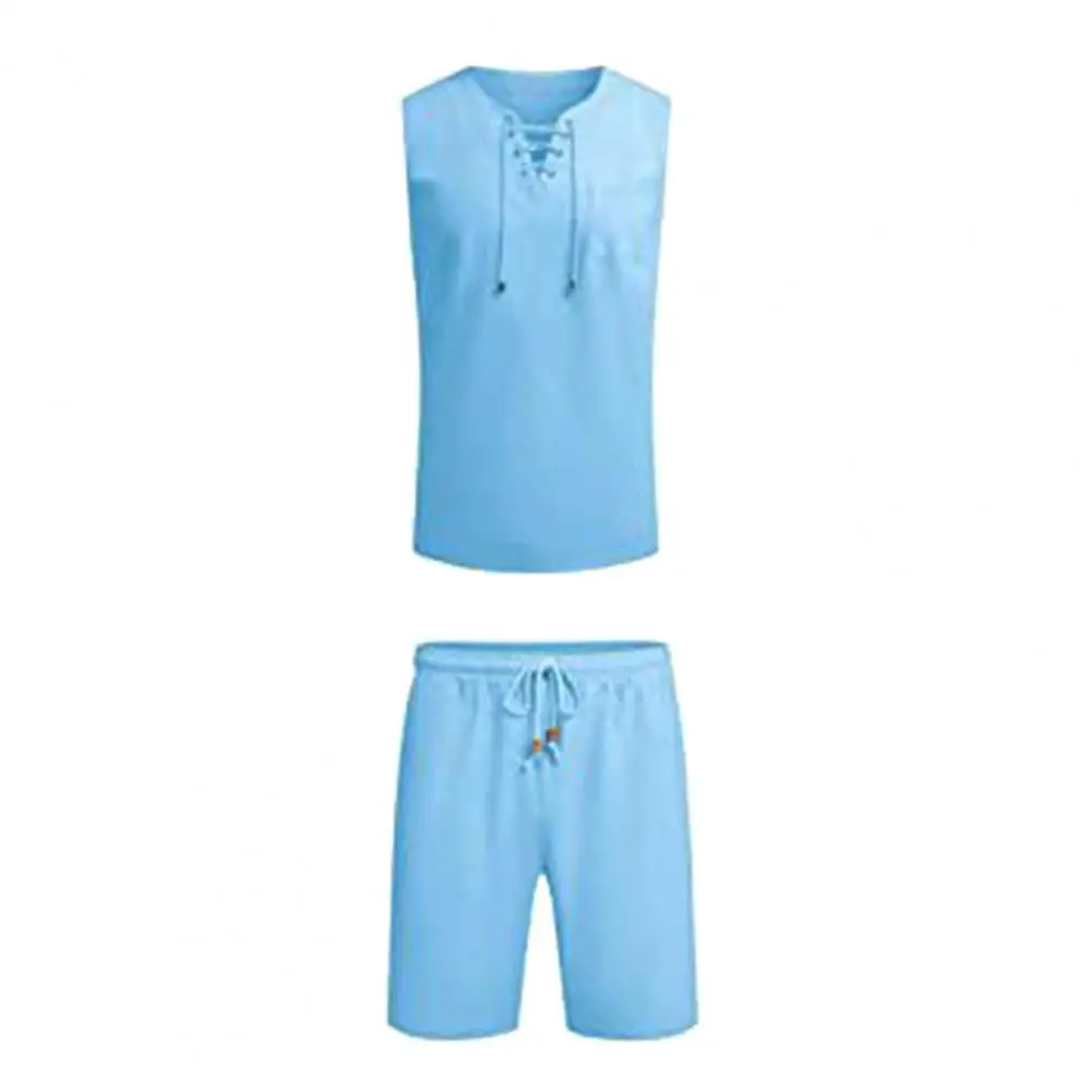 Casual Sports Suit Men\'s Sportswear Set Sleeveless V Neck Vest Elastic Waist Shorts with Patch Pockets Breathable Quick for Men