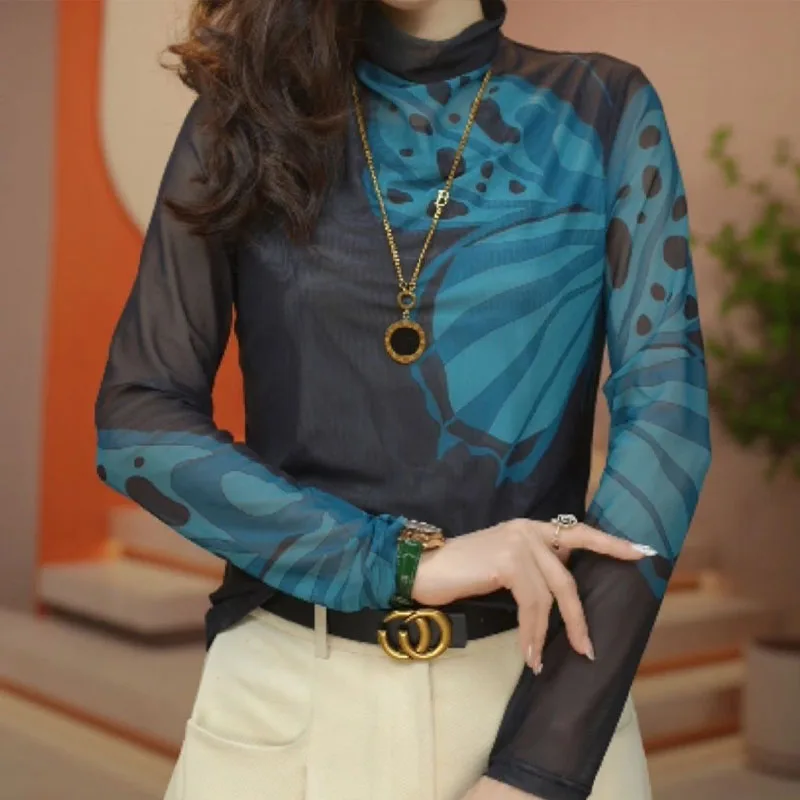 

2024 Spring Fashion Skin Net Yarn Half High Collar Long Sleeved Women Breathable All-match Contrasting Colors Slim Underlay Tops