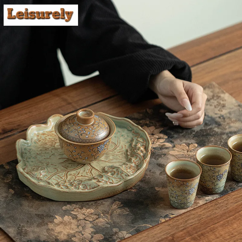 Blue And White Entwined Lotus Travel Tea Set Designer Dunhuang Frescoes Set Of Cups Portable Camping Ceramic Kung Fu Teaset Gift